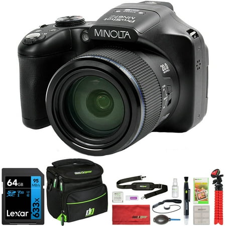 Minolta MN67Z-BK 20MP / 1080p HD Bridge Digital Camera with 67x Optical Zoom Black Bundle with Lexar Professional 633x 64GB UHS-1 Class 10 SDXC Memory Card and Deco Gear Camera Bag for DSLR