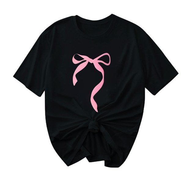 Primavera Top Mujeres Moda Casual Nueva Cinta de Arco Impresa Cuello Redondo Camiseta de Manga Corta, Camiseta de Cuello Tripulado