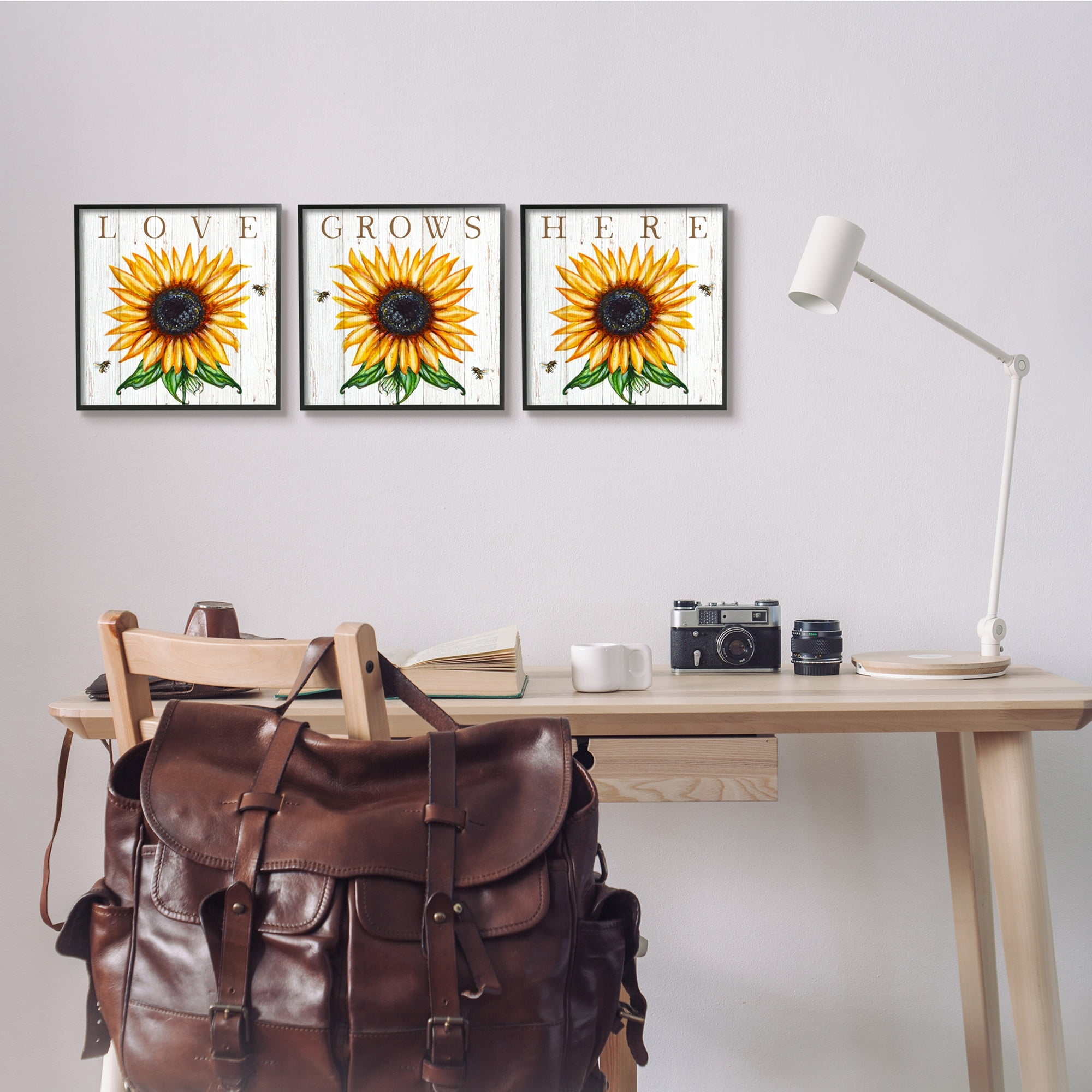 Stupell Industries Love Grows Here Phrase Yellow Sunflowers Honey Bees, 17 x 17,Design by Elizabeth Tyndall
