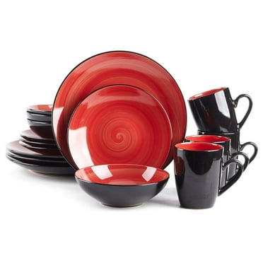 Sonoma 16 Piece Stoneware Dinner Set Red, Outside Black   Inside Handpainted Color Red with speckle
