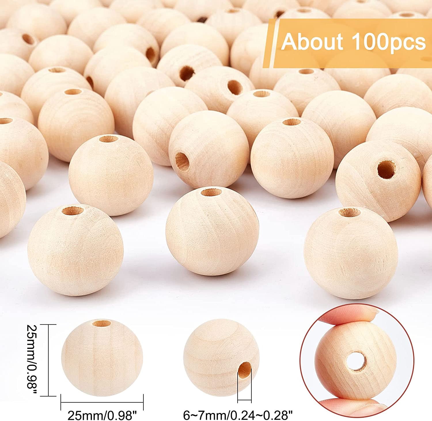 Wooden Beads 100Pcs 25mm (1 Inch) Natural Unfinished Wood Spacer Beads Round Ball Wooden Loose Beads for Bracelet Pendants Crafts Hair Braids DIY Jewelry Making Christmas Decoration