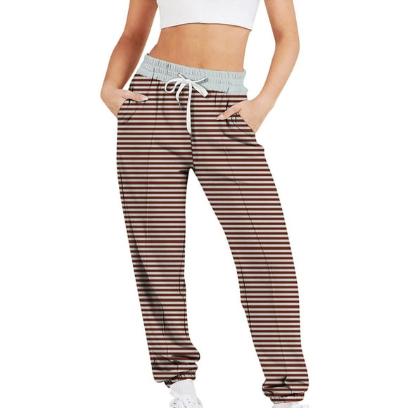 PMUYBHF Techwear Pants Ladies' Autumn and Winter Striped Printed Drawstring Elastic Waist Casual and Fashionable Loose Sweatpants Dress Pants Women Stretchy Flare Yoga Pants for Women Petite