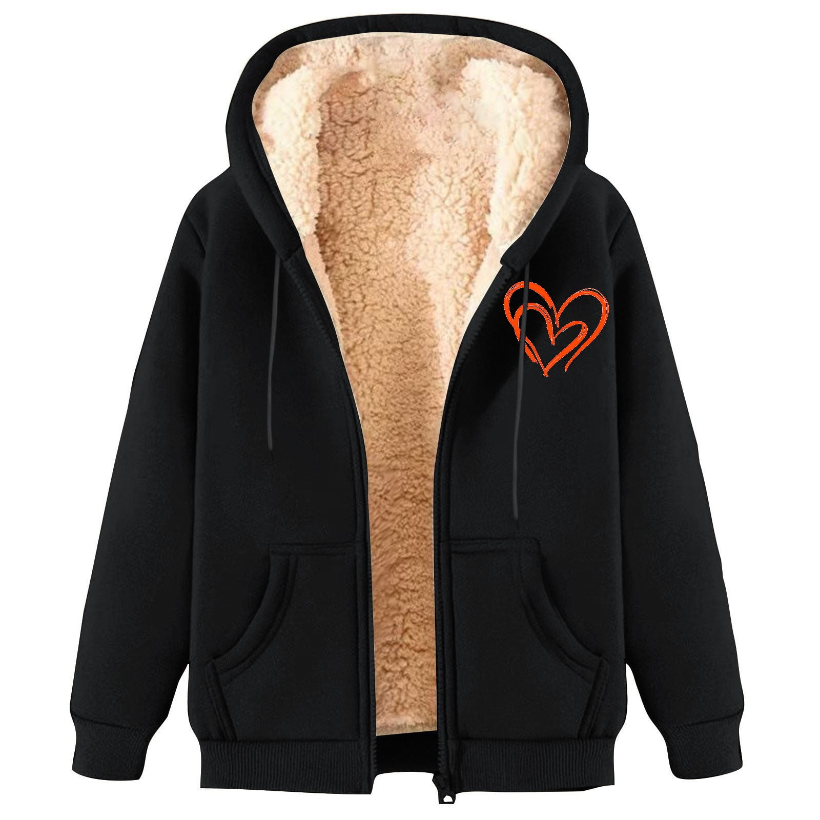 Xdegoge Heavy Fleece Jacket Women Sherpa Lined Fuzzy Casual Oversized Heart Graphic Hoodies Warm Long Sleeve Hooded Full Zip Jackets Cold Weather Cozy Thermal Winter Fashion Clothes with Pockets