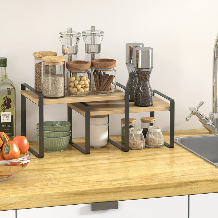 Set of 2 Counter Shelves Kitchen Stackable Cabinet Shelf Wood