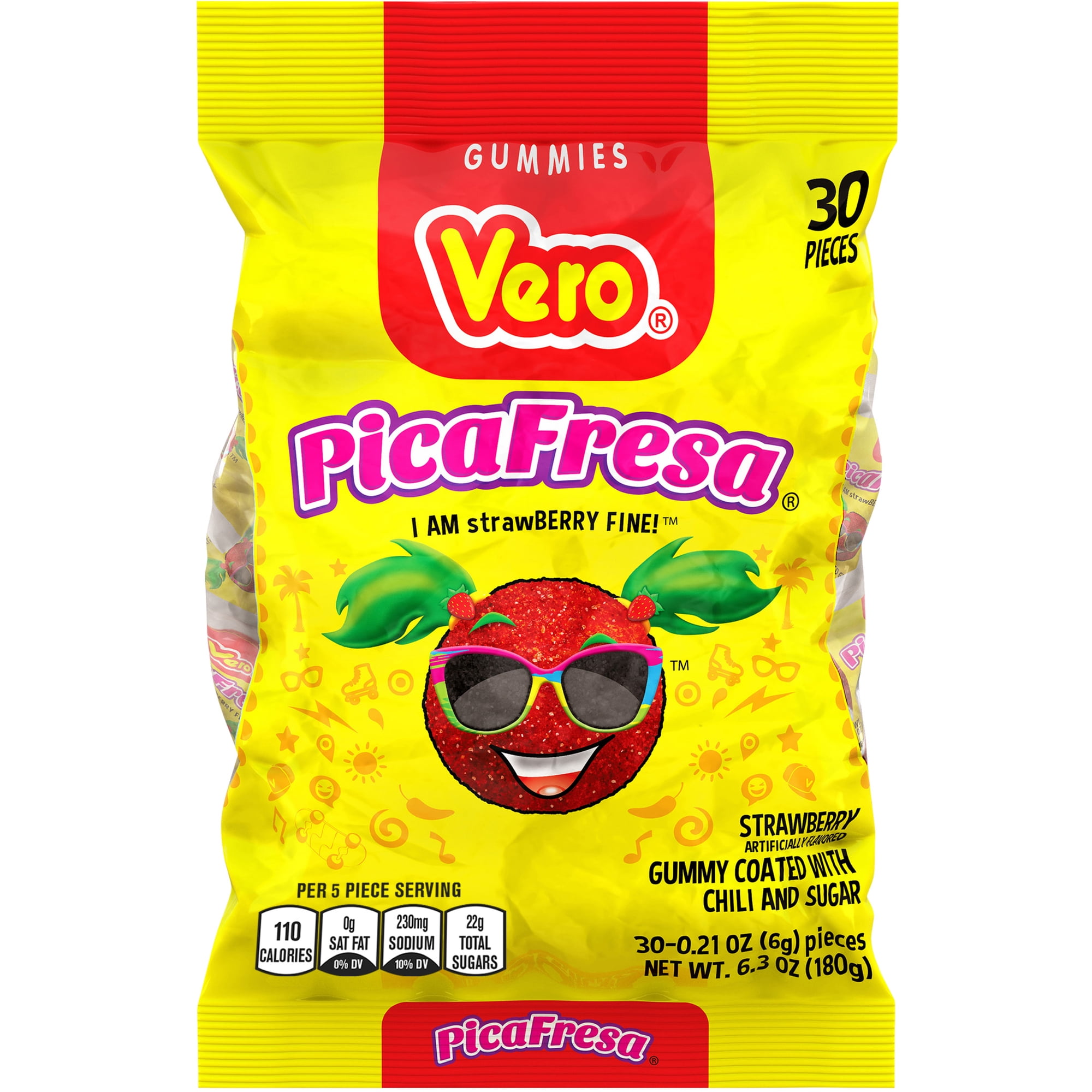 Vero Picafresa Strawberry Gummies with Chili Pepper Powder, 0.21 oz, 30 Count Bag