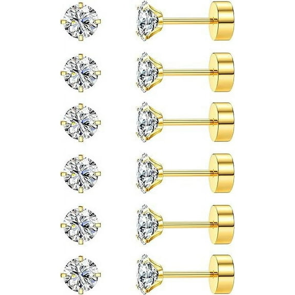 Nmkwnr 6 Pairs 4mm Round Cubic Zirconia Stud Earrings Flat Back Stud Earrings 316L Stainless Steel Earrings Set for Women Men, Gold