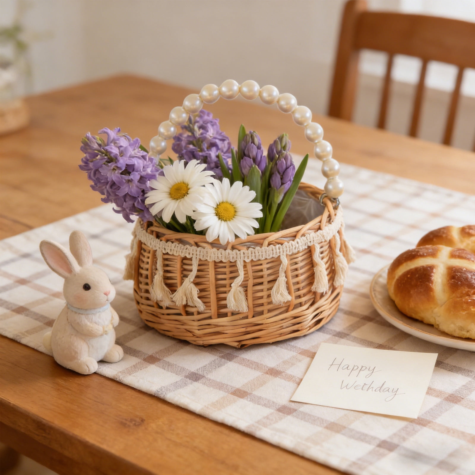 Hyknon Wicker Rattan Flower Girl Basket with Pearl Handle & Tissue Small Hand Woven Gift Storage Basket for Easter Wedding Ceremony Party Supplies
