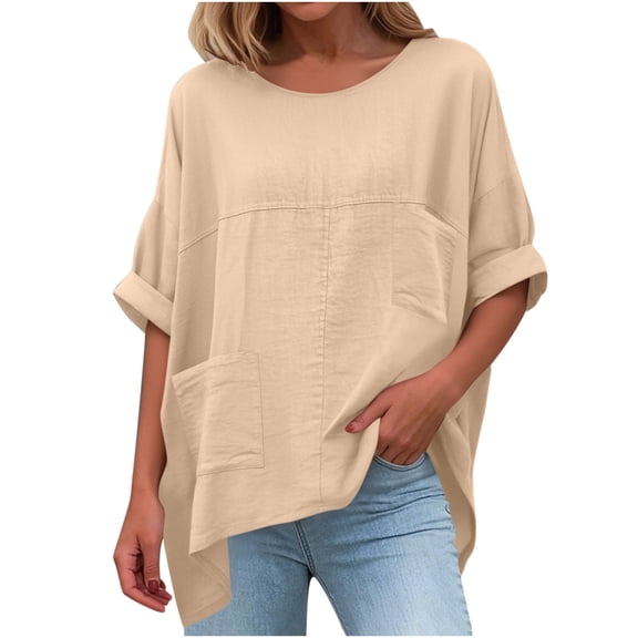 Yievot 3/4 Length Sleeve Womens Tops Loose Casual Crew Neck Summer Tops Pleated Work Tunic Blouses with Pocket