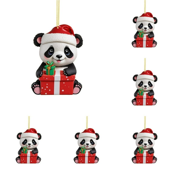 Panda with Santa Hat Christmas Ornaments 2D Acrylic Cute Cartoon Xmas Tree Hanging Decorations for Holiday Party New Year Supplies Home Decor and Panda Lover Gifts, 6PCS
