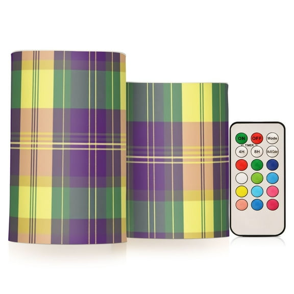 Mardi-gras Colored Plaid Flickering Flameless Candles LED Tealight Battery Operated with Remote Set of 2 Holiday Decor Ornaments