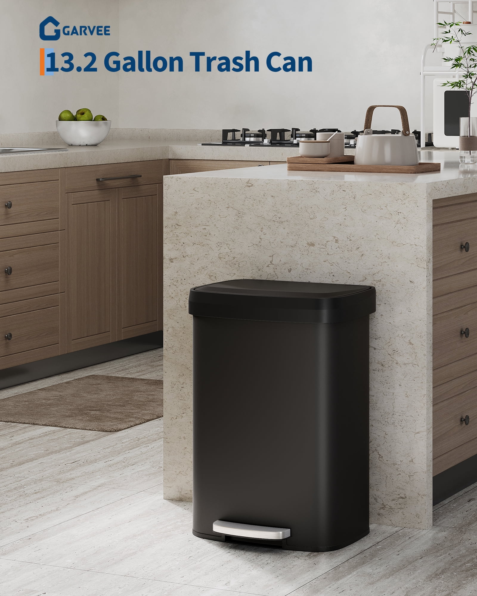 Hands-Free Step-On Kitchen Trash Can, 13 Gallon/50L – Rustproof Black Metal Garbage Bin with Soft Close Plastic Lid, Odor Control, Liner Rim, Rear Handle – Black