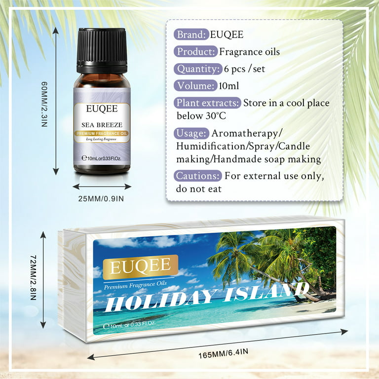 EUQEE Holiday Island Essential Oils Gift Set of 6 Summer Fragrance  Essential Oils Set for Humidifier, Aromarathepy - 10ml - Pineapple, Coconut,  Sea Breeze, Bubble Gum, Bay Rum, Marshmallow 