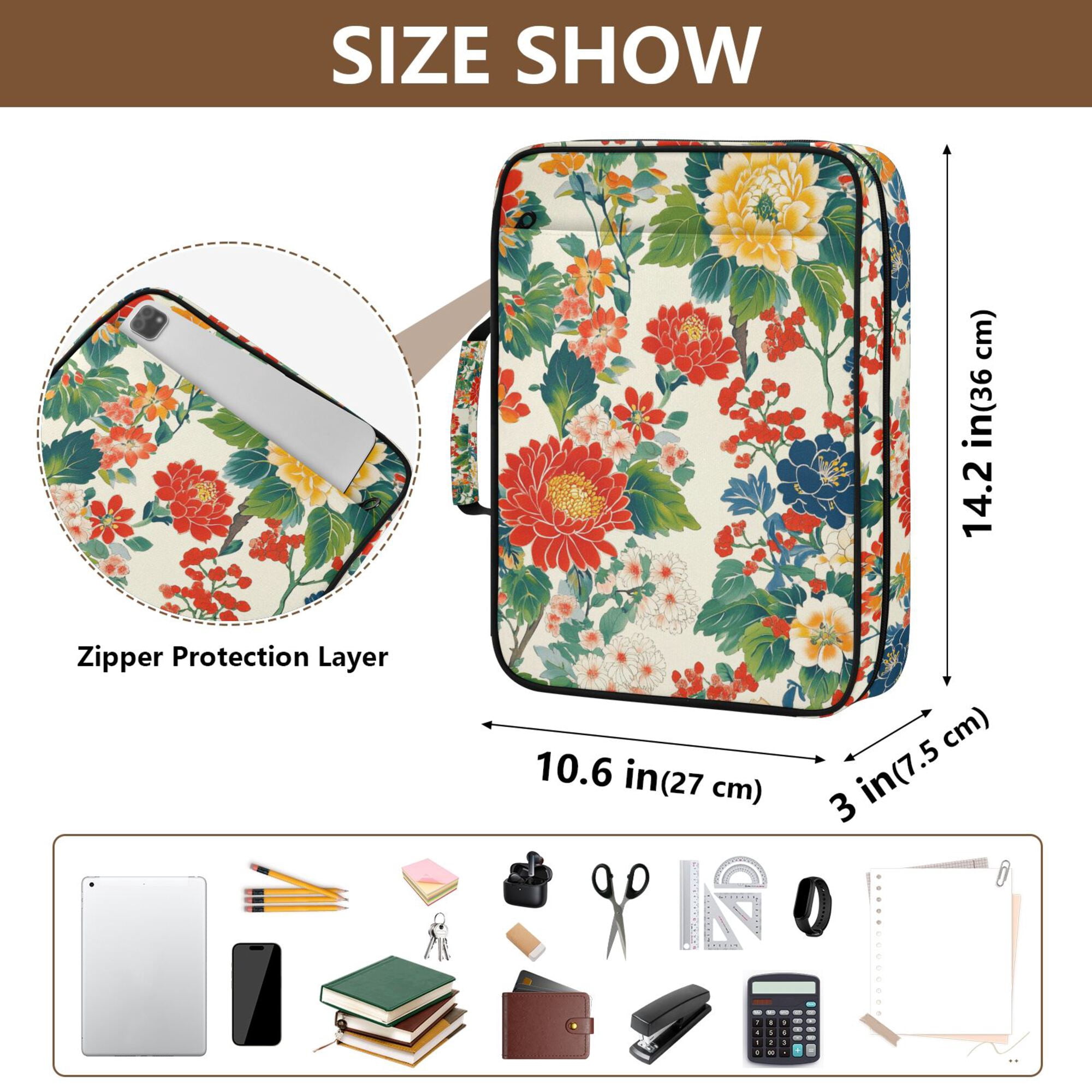 FORMRS Accordion File Folder A4 Size 7-Pocket Expanding Document Organizer Bag with 3 Ring Binder, Colorful Flowers Pattern