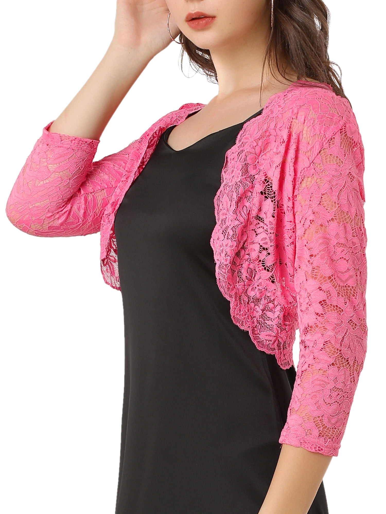DARING DIVA 3/4 Sleeve Sheer Floral Lace Shrug Top L Pink