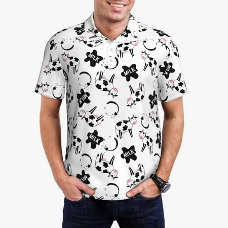Haiem Cute Cow and Milk Stains Pattern Mens Polo Shirts Quick Dry Short Sleeve Golf T Shirt Performance Moisture Wicking Casual Workout-Large