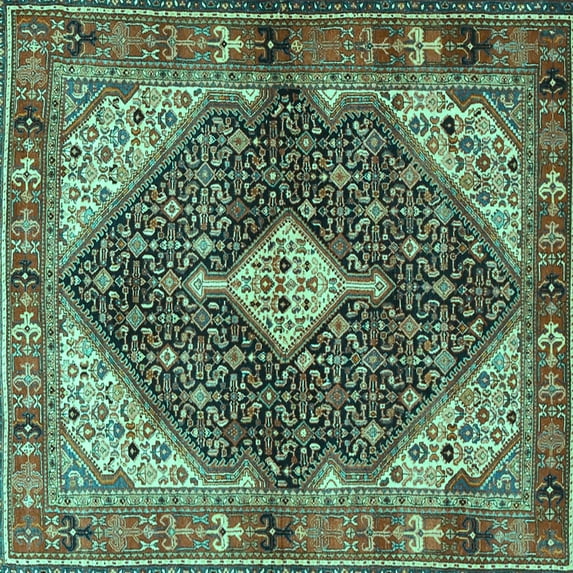 Ahgly Company Machine Washable Indoor Square Persian Turquoise Blue Traditional Area Rugs, 8' Square