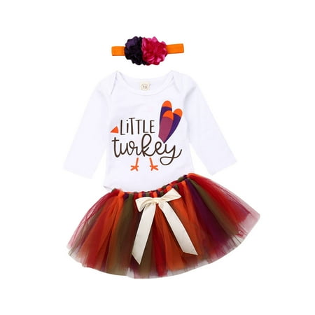 

Newborn Infant Baby Girls Thanksgiving Outfits Little Turkey Romper Bodysuit Tutu Skirt Headband Set