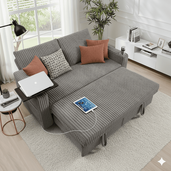 Howcool Convertible Sleeper Sofa Bed, 65" 3-in-1 Pull Out Couch with Reversible Cushions, Loveseat with USB Ports & Cup Holders for Apartment Office, Dark Grey