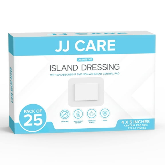 JJ CARE Adhesive Island Dressing [Pack of 25], 4x5 Sterile Bordered Gauze Dressing, Individually Wrapped Breathable Island Wound Dressing with Highly Absorbent Non-Stick Center Pad