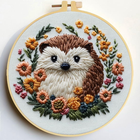Punch Needle Kits A Hedgehog in Flowers Embroidery Starter Set with Hoop Easy for Beginners DIY Stress Relief Handmade Craft Hobby and Home Decor 20x20cm-2