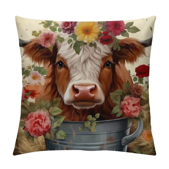 HENGT  Highland Cow Pillow Covers Highland Cow Gifts for Women Men, Valentines Cow Pillow Covers, Summer Flower Highland Cow Decor