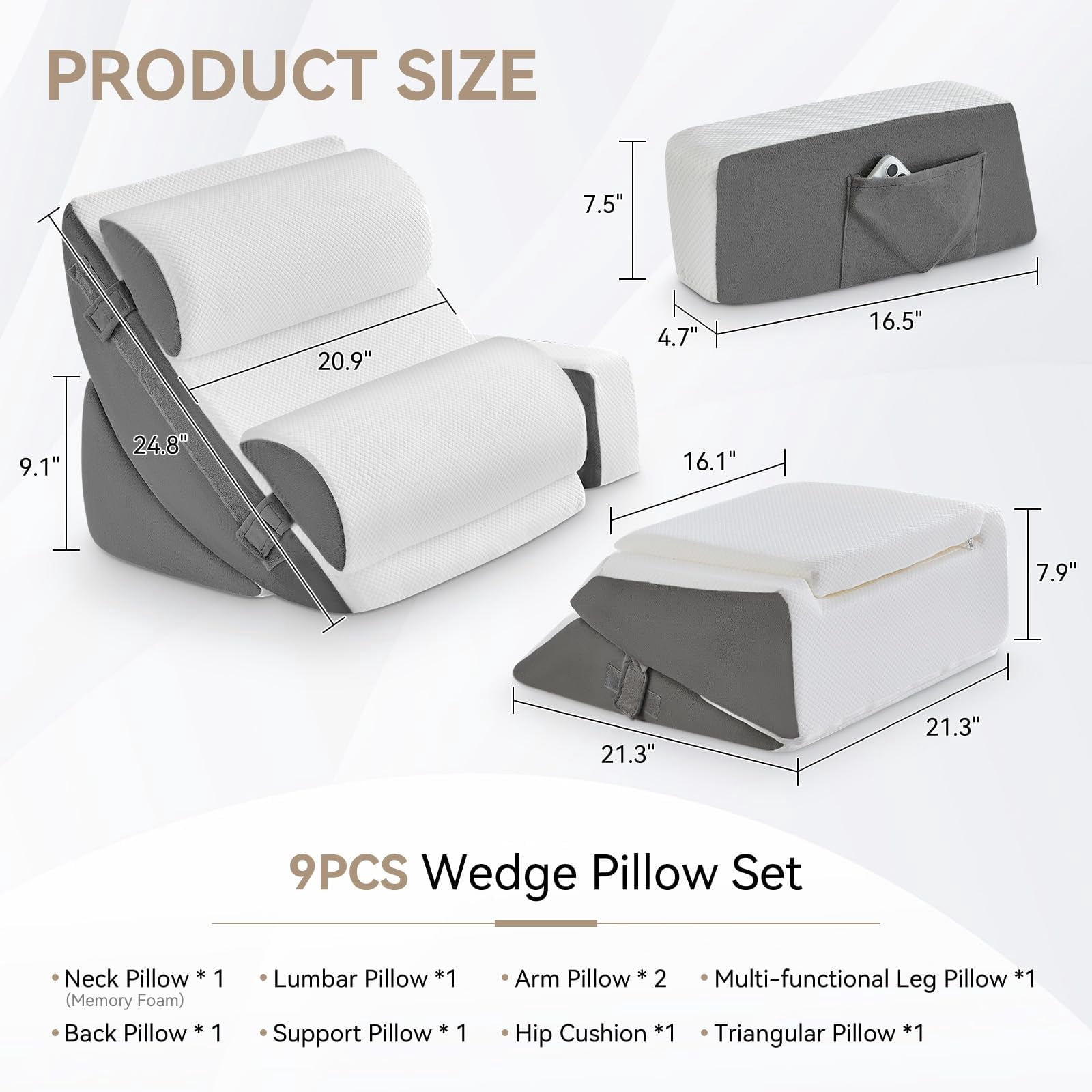 9pcs Bed Wedge Pillow Set For Sleeping  And Leg Foam Body Triangle Adjustable Support - Acid Reflux Pillows Grey