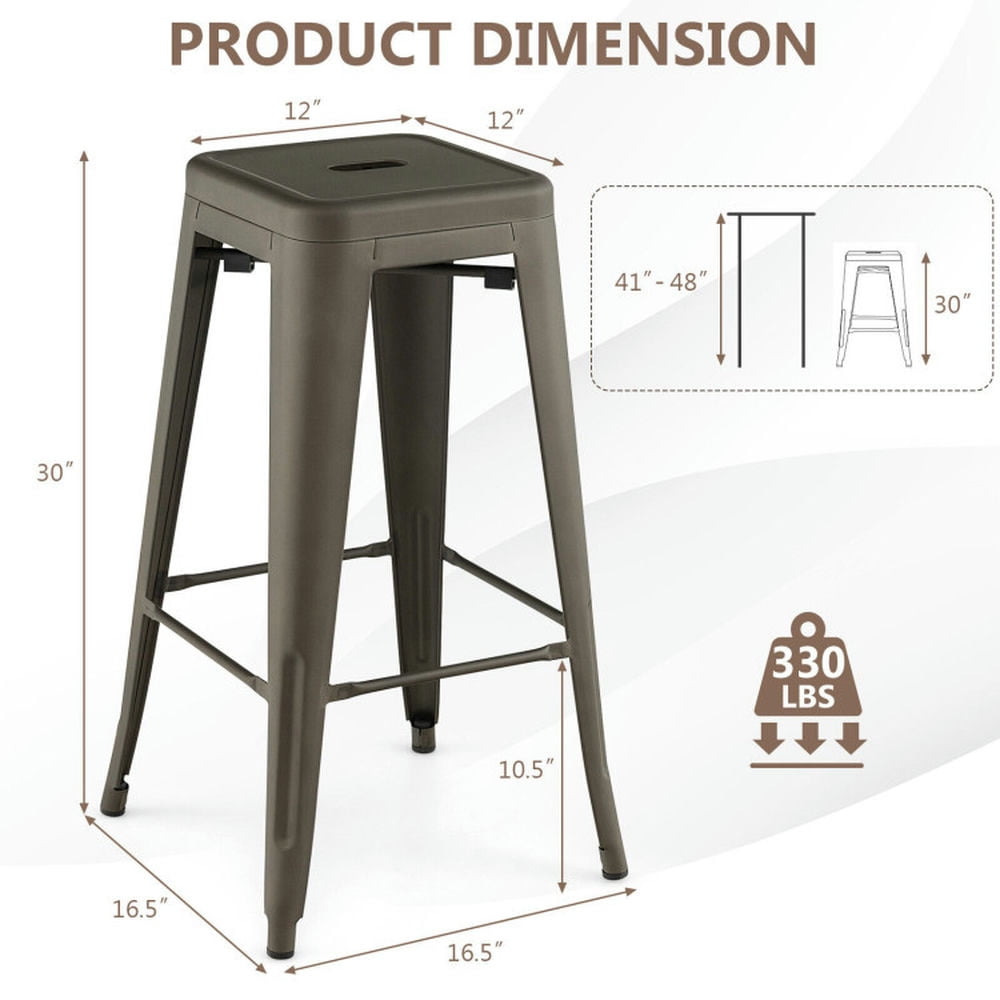Demi Bonn 30" Set of 4 Bar Stools with Square Seat and Handling Hole, Modern Dining Chair, Brown