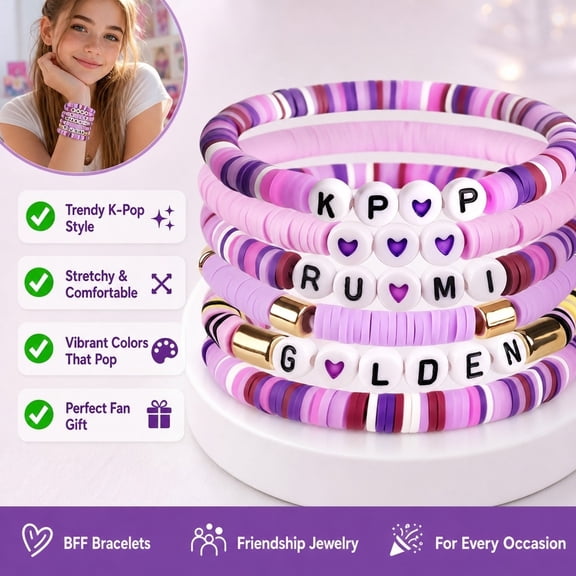 6 Pack K-Pop Friendship Bracelet Set, Handmade Clay Bead Party Favor Bracelets for BFF Birthday Gifts & Halloween