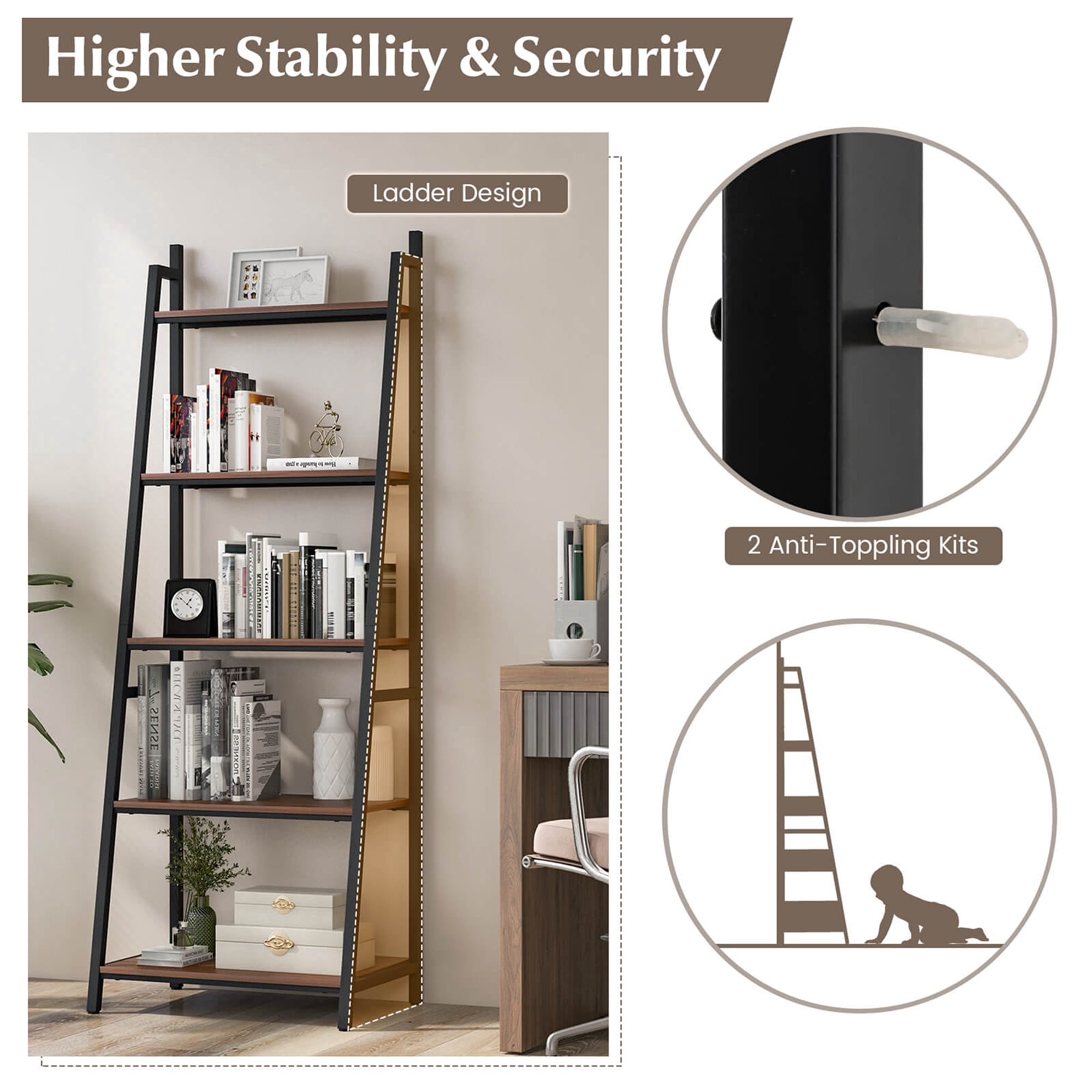 Costway Industrial Ladder Shelf Rustic 5 Tier Leaning Bookshelf Wood Metal Bookcase