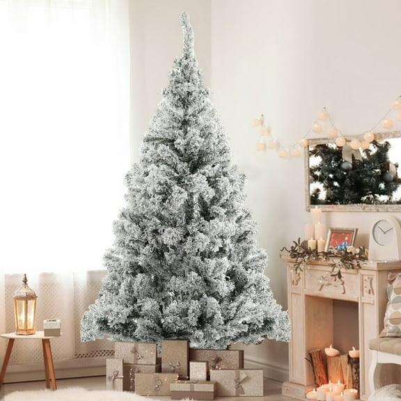 Xssm 1.8m White Flocked Artificial Christmas Tree, Snow Christmas Holiday Pencil Tree, Winter Party Decoration with Realistic Branch, Reinforced Metal Base and Easy to Assembly