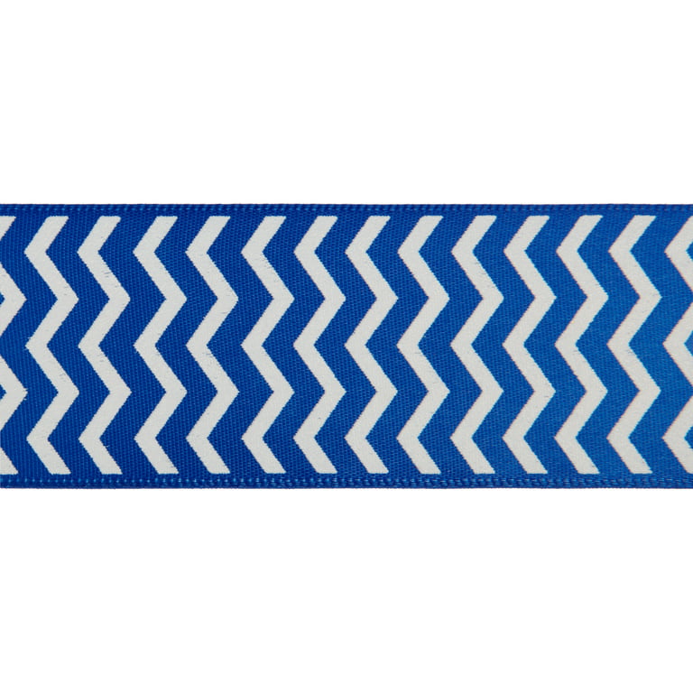 Chevron Print Satin Ribbon White with Royal Blue ( 2-1/2 inch | 10 Yards )