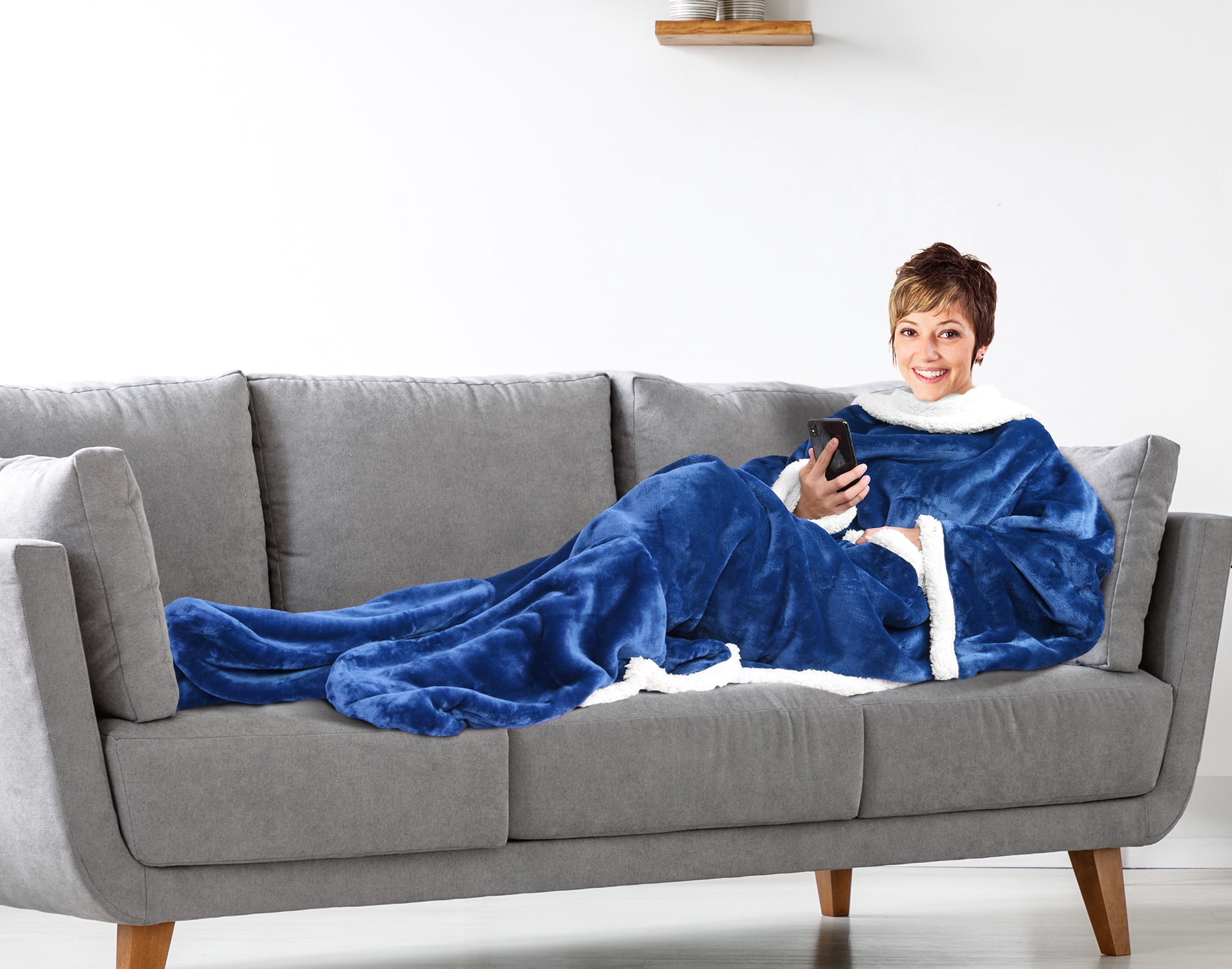 Catalonia Sherpa Wearable Blanket with Sleeves & Foot Pockets for Adult Women Men, Comfy Snuggle Wrap Sleeved Throw Blanket Robe, Gift Idea, Blue, 75" x 53"