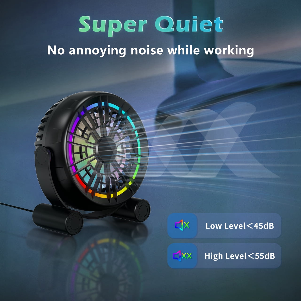 VOCOO USB RGB Desk Fan with 4.9ft Cable, Portable Cooling Personal Quiet Fan, 3 Strong Speeds, 8-Color LED Lights, 360° Rotate Adjustable, for Home Office Desktop Bedroom