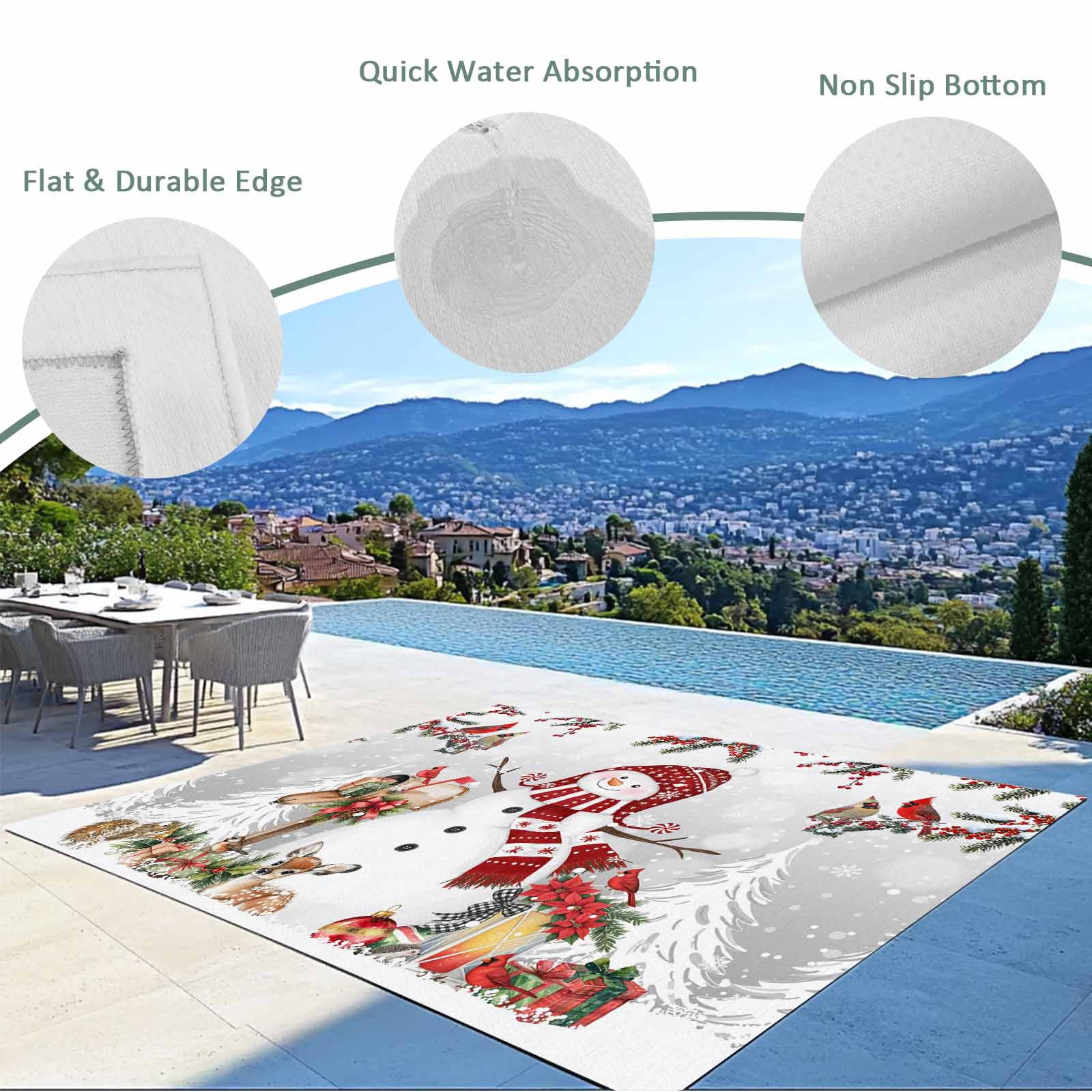 Fsddascl Grey Christmas Outdoor Rug for Patio/Deck/Porch, Non-Slip Large Area Rug 5 x 8 Ft, Xmas Snowman Tree Snowflake Birds Indoor Outdoor Rugs Washable Area Rugs, Camping Rug Carpet Runner