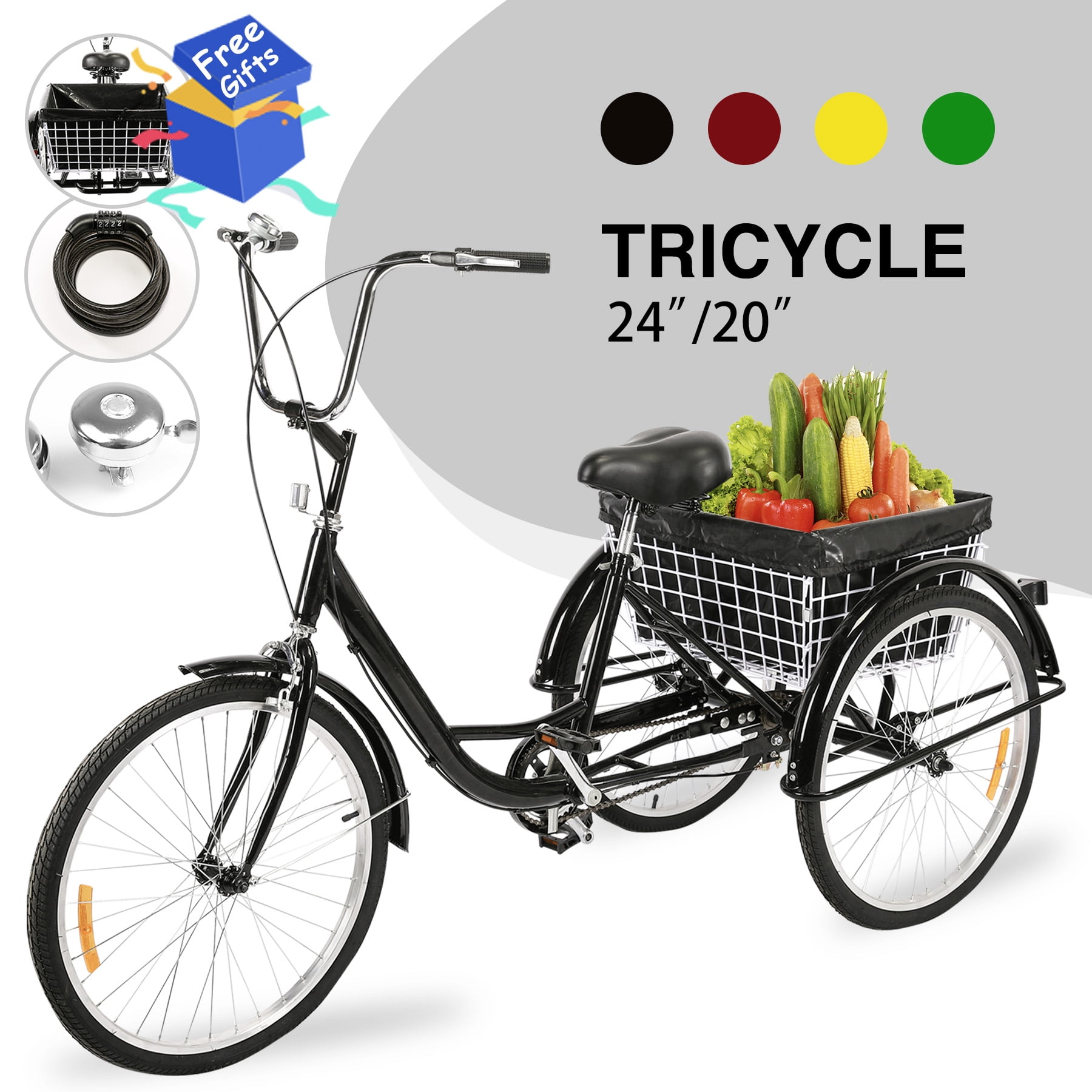 20" Adult Tricycle 3 Wheel Bicycle  Cruise Trike w/ Shopping Basket 155-180cm 