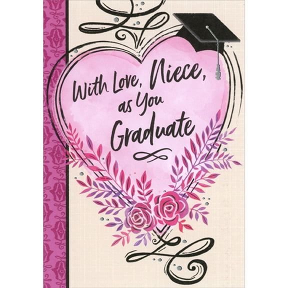 Designer Greetings Grad Cap, Pink Flowers and Large Pink Heart with Thin Black Outlines and Swirls Graduation Congratulations Card for Niece
