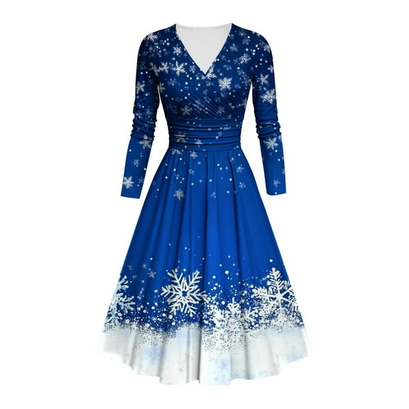 Christmas Dress - Cocktail Dress, Ladies Christmas Retro Dress Christmas Snowflake Printed Dresses Long Sleeved V-Neck Tunic Dress Pleated Dresses
