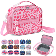 ComfiTime Lunch Bag for Kids – Insulated Lunch Box for Girls and Boys, Cute Reusable Cooler Bag with Zipper Pockets, Bottle Holder, Padded Handles and Shoulder Strap (Pink Leopard)