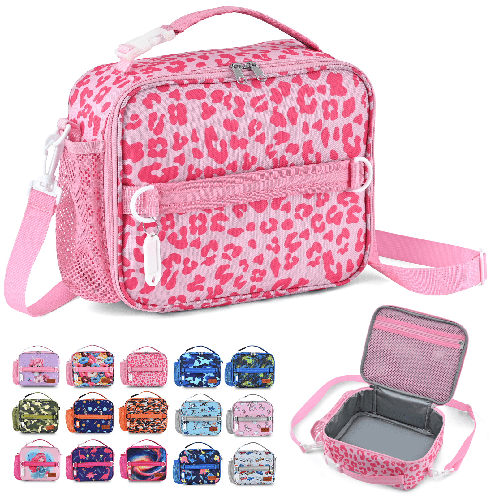 ComfiTime Lunch Bag for Kids – Insulated Lunch Box for Girls and Boys, Cute Reusable Cooler Bag with Zipper Pockets, Bottle Holder, Padded Handles and Shoulder Strap (Pink Leopard)