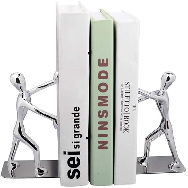 Fashion Creative Stainless Steel Decorative Small Humanoid Bookend Pair Kung Fu Kungfu Man Book Organizer Metal Bookends book end book file Home Office Library Decoration Birthday Gift A