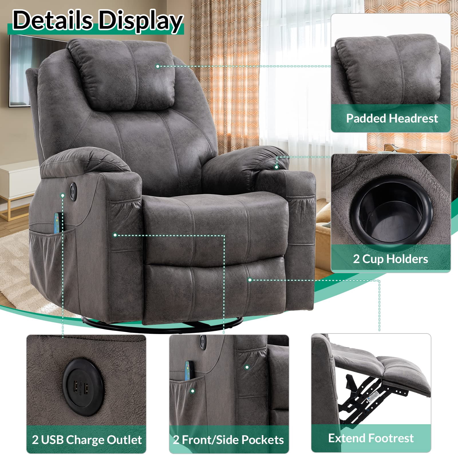 VIVIJASON Manual Massage 360° Swivel and Heating Recliner, Gray