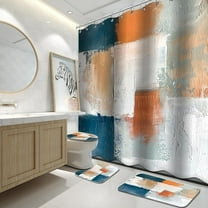 4Pcs Bathroom Sets with Shower Curtain and Rugs, Orange Abstract Bathroom Shower Curtain Sets, Orange Modern Art Bathroom Sets with Rugs and Accessories