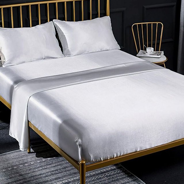Juego de sábanas de satén de color liso de 4 piezas, 1 sábana ajustable de 198 x 203 cm para 2 personas con capota grande de 35 cm, 1 sábana encimera y 2 fundas de almohada, blanco