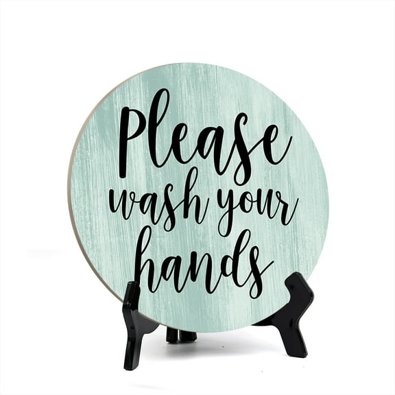 Round Please Wash Your Hands, Light Green Decorative Bathroom Table Sign with Acrylic Easel