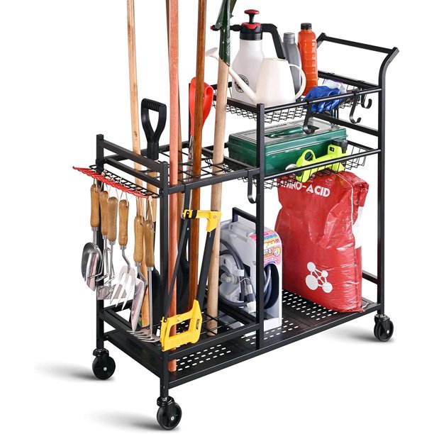 Garden Tool Organizer with Wheels and Storage Hooks, Rolling Corner