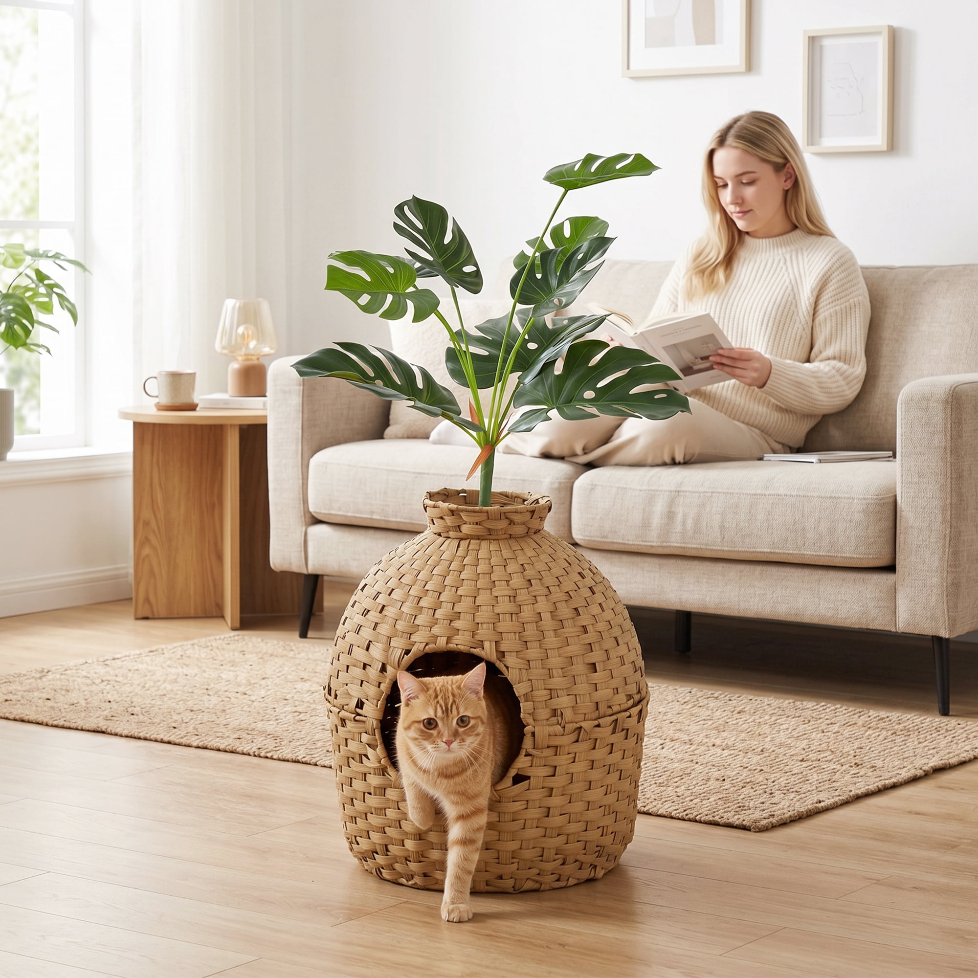 PawHut Hidden Cat Litter Box Enclosure with Faux Plant & Stainless Steel Tray, Real Stones, for Bedroom, Living Room, Corner
