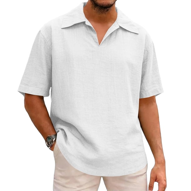 Camisas de Lino de los Hombres Casual V-Cuello de Manga Corta para las Vacaciones de la Playa, Poliéster Cómodo Regular Ajuste de los Hombres Camisas Casuales
