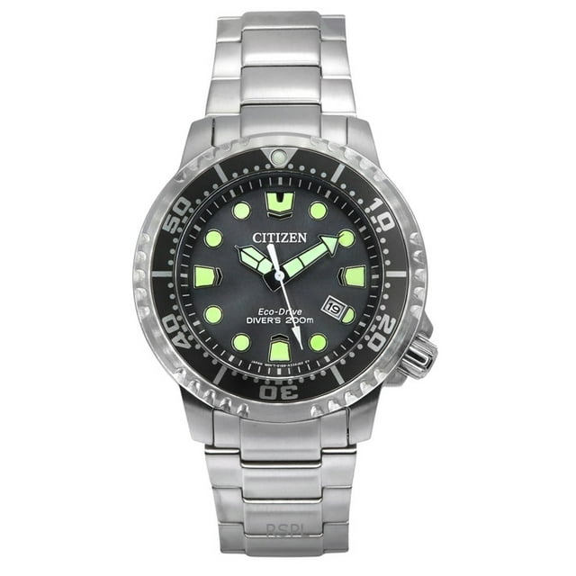 citizen promaster dive eco-drive stainless steel grey dial diver's bn0167-50h 200m men's watch vista frontal de reloj de buceo en acero inoxidable con esfera gris, marcadores horarios luminiscentes redondos y trapezoidales, manecillas tipo espada con relleno luminiscente, bisel giratorio unidireccional con escala de 60 min, corona roscada a las 4 h y pulsera de eslabones; apto también para uso diario y viajes por su tamaño compacto.