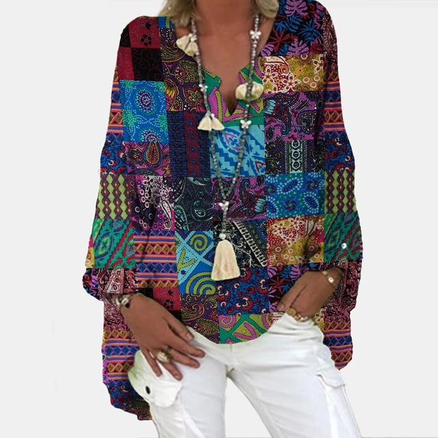 ESSSUT Hauts pour Femmes Liquidation Tendances Boho Imprimé Blouse Ample Manches Longues Col en V Chemise Ample Multicolore S