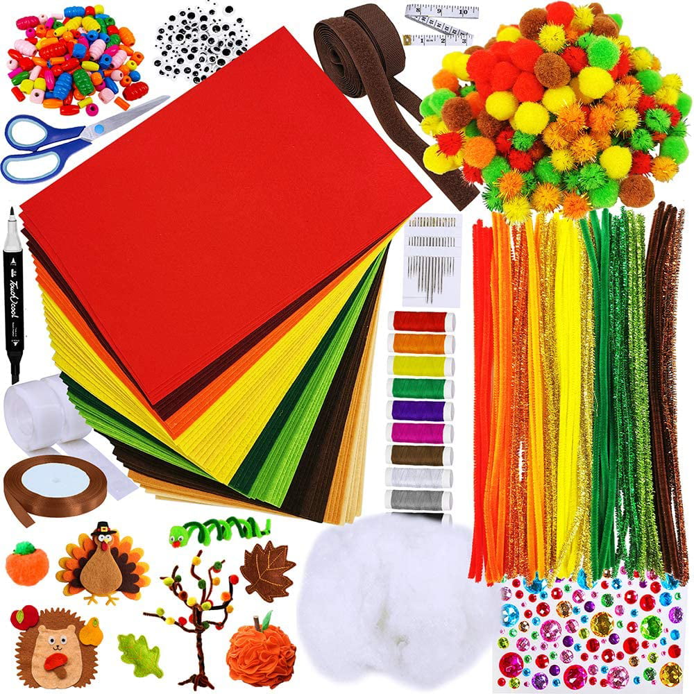Winlyn Bulk Fall Craft Kit Autumn Pipe Cleaners Pom-Poms Hard Felt Sheets Wood Beads Googly Eyes for Kids Adults Halloween Thanksgiving Holiday Activity Patchwork Embroidery Sewing Crafting Project 
